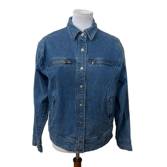 Harley-Davidson Ladies Medium Blue Stretchy Medium Wash Snap Closure Jean Jacket - Picture 1 of 6